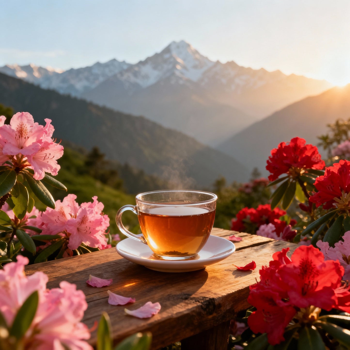 Steaming cup of tea on a wooden table with pink and red flowers and mountains in the background.