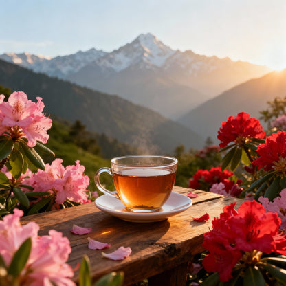 Steaming cup of tea on a wooden table with pink and red flowers and mountains in the background.